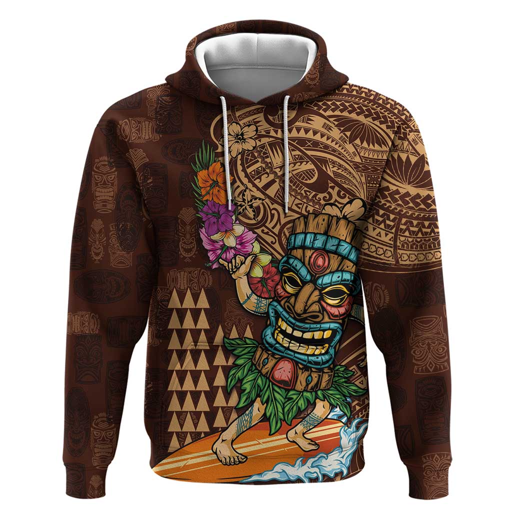Hawaiian Tiki Mask Surfing Kakau Pattern Hoodie LT03 Pullover Hoodie Brown - Polynesian Pride