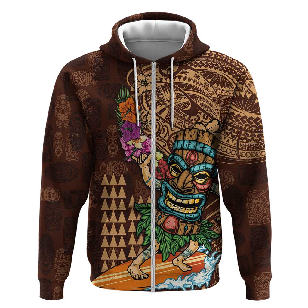 Hawaiian Tiki Mask Surfing Kakau Pattern Hoodie LT03 Zip Hoodie Brown - Polynesian Pride