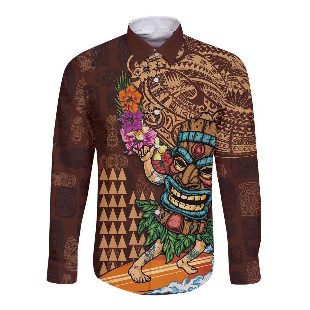 Hawaiian Tiki Mask Surfing Kakau Pattern Long Sleeve Button Shirt LT03 Unisex Brown - Polynesian Pride