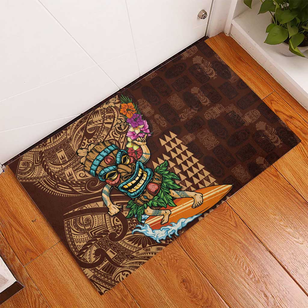 Hawaiian Tiki Mask Surfing Kakau Pattern Rubber Doormat