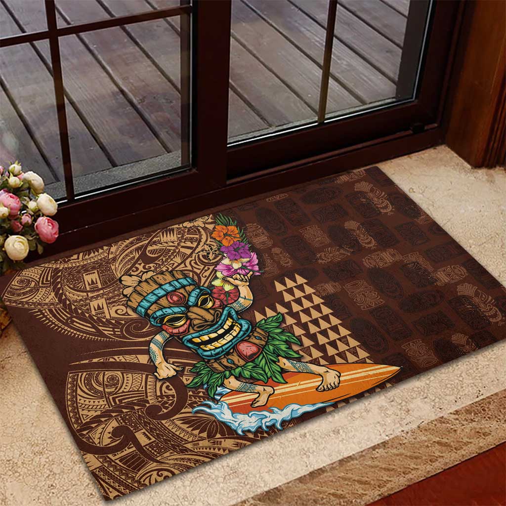 Hawaiian Tiki Mask Surfing Kakau Pattern Rubber Doormat