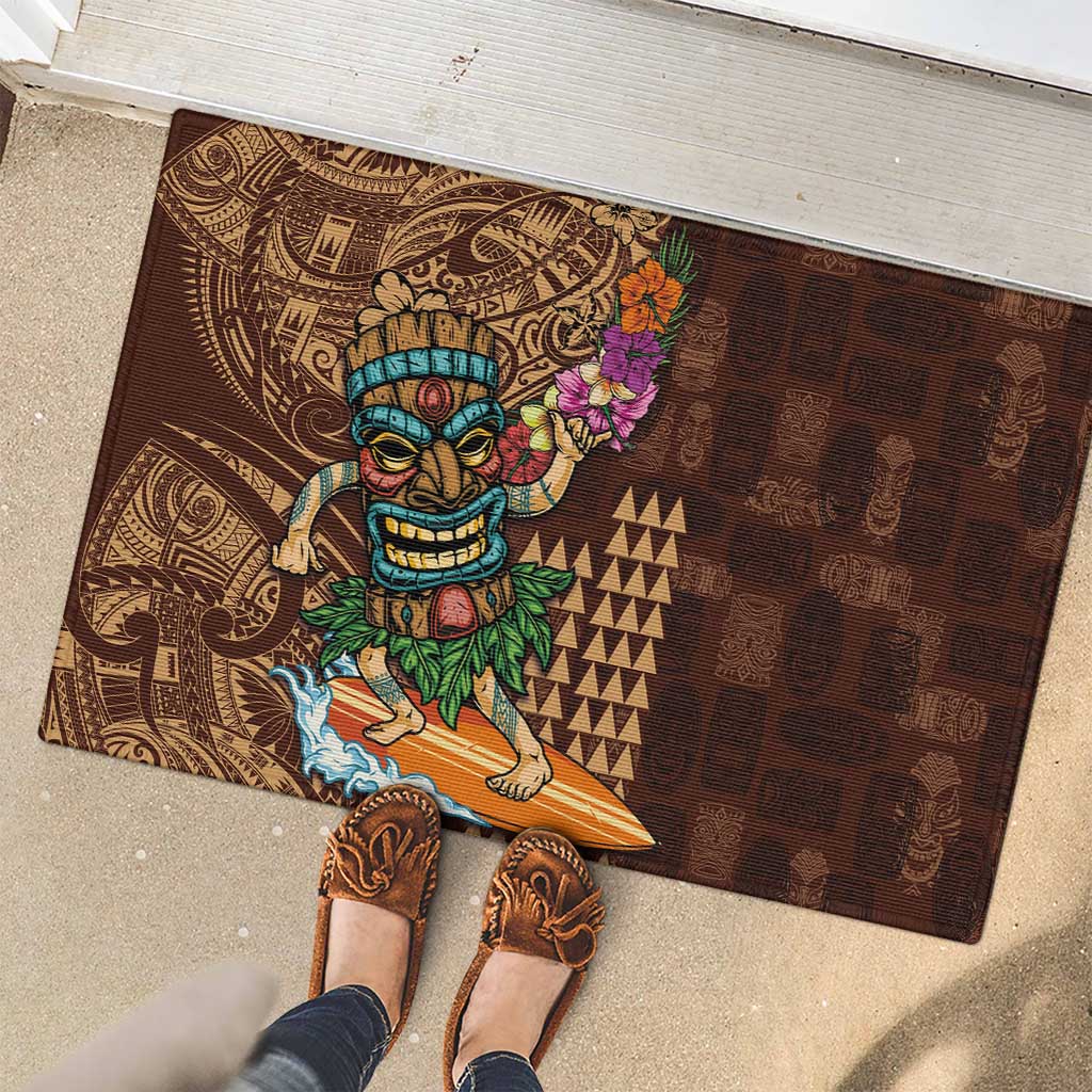Hawaiian Tiki Mask Surfing Kakau Pattern Rubber Doormat