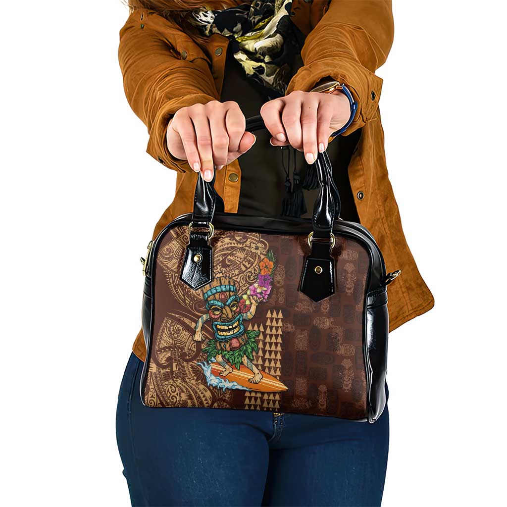 Hawaiian Tiki Mask Surfing Kakau Pattern Shoulder Handbag LT03 One Size Brown - Polynesian Pride