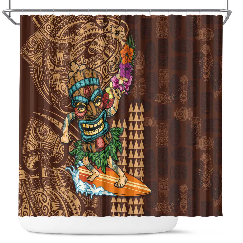 Hawaiian Tiki Mask Surfing Kakau Pattern Shower Curtain LT03 Brown - Polynesian Pride