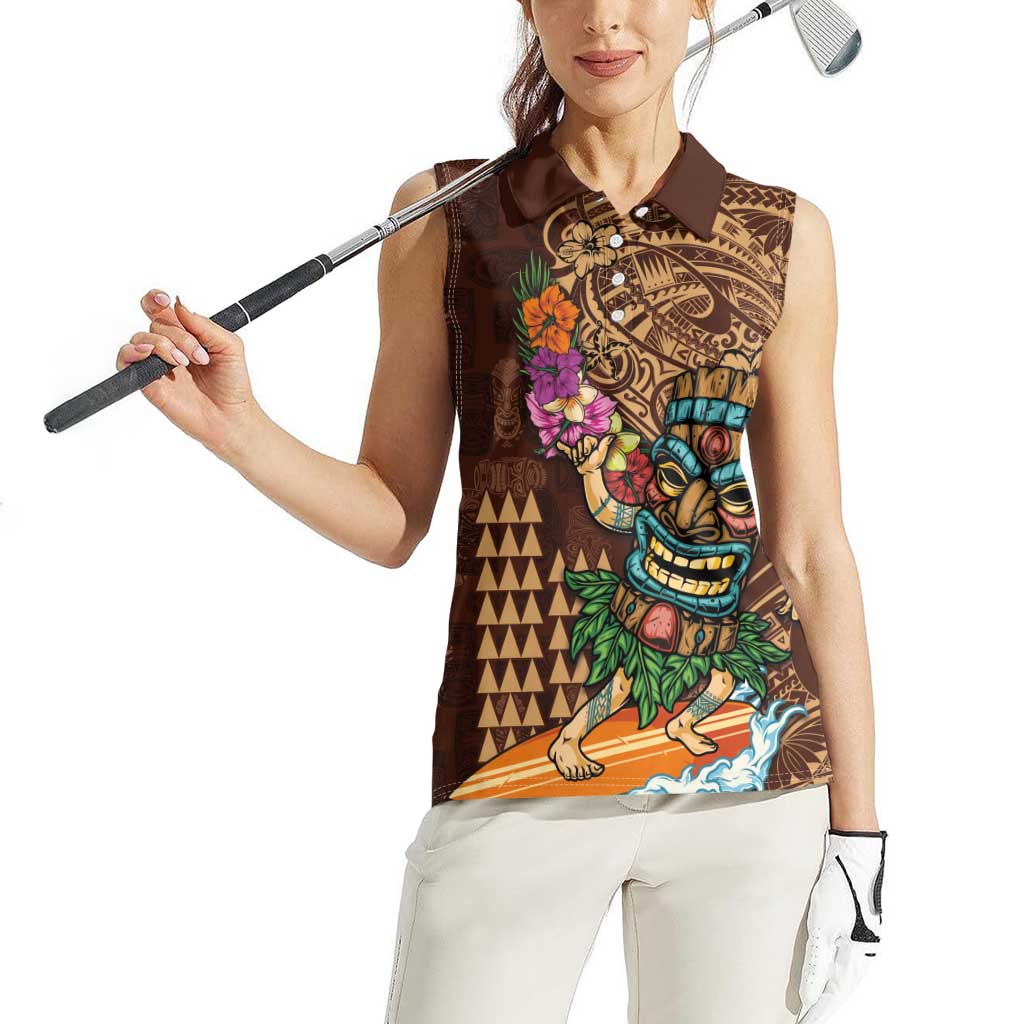 Hawaiian Tiki Mask Surfing Kakau Pattern Women Sleeveless Polo Shirt
