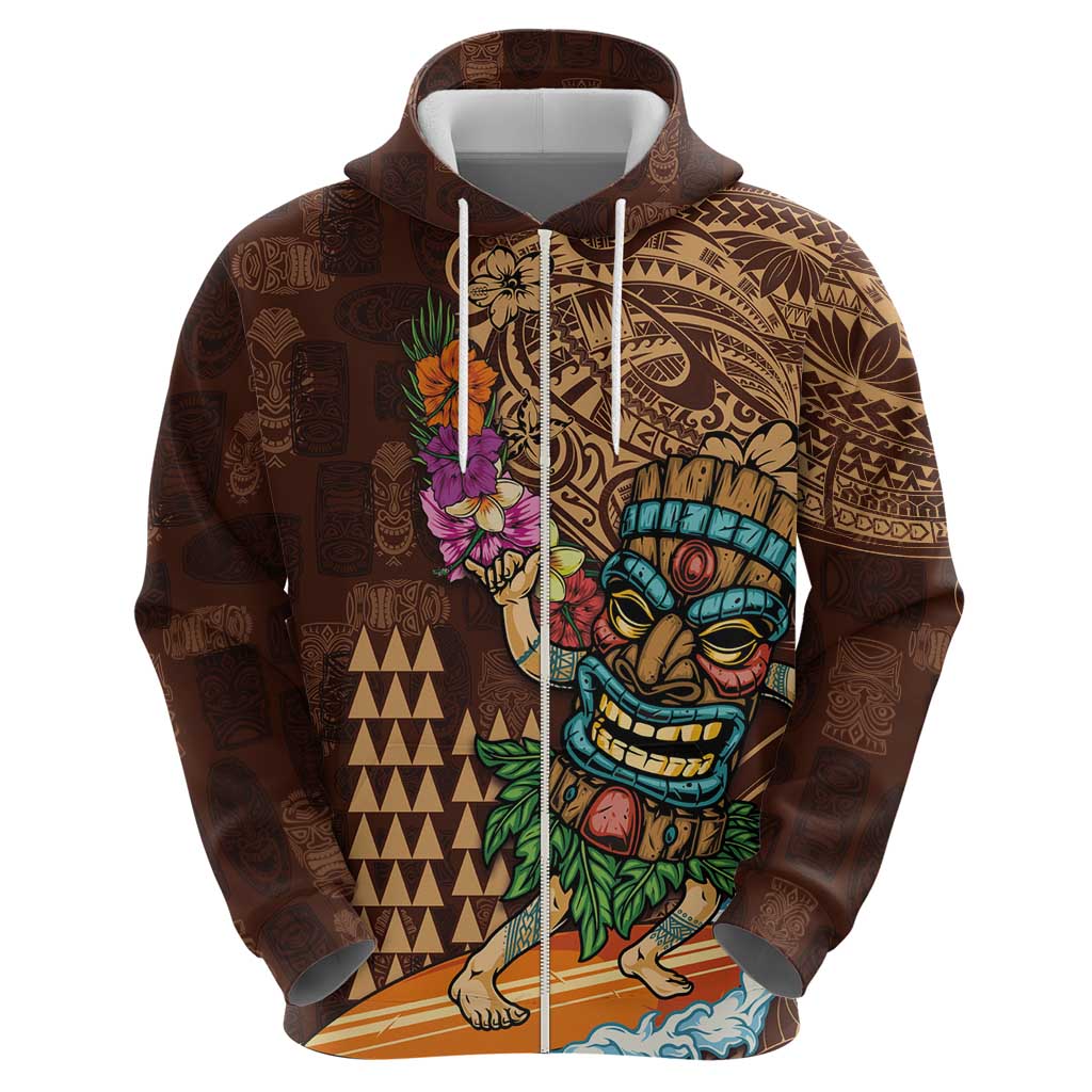 Hawaiian Tiki Mask Surfing Kakau Pattern Zip Hoodie