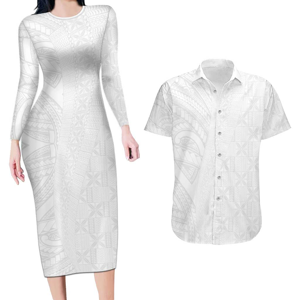 Niue White Sunday Couples Matching Long Sleeve Bodycon Dress and Hawaiian Shirt Hiapo Tribal Art Tattoos - Polynesian Pride