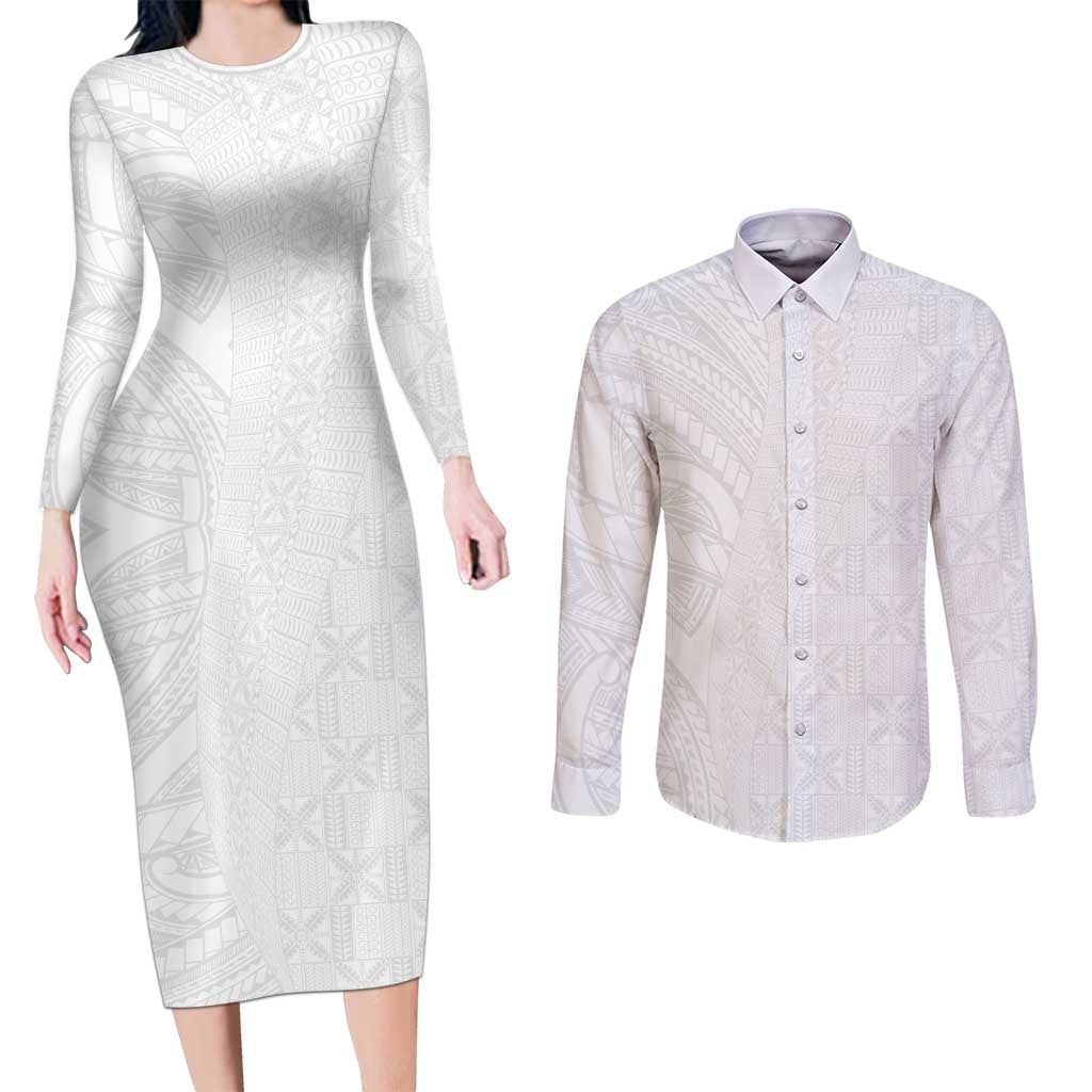 Niue White Sunday Couples Matching Long Sleeve Bodycon Dress and Long Sleeve Button Shirt Hiapo Tribal Art Tattoos - Polynesian Pride