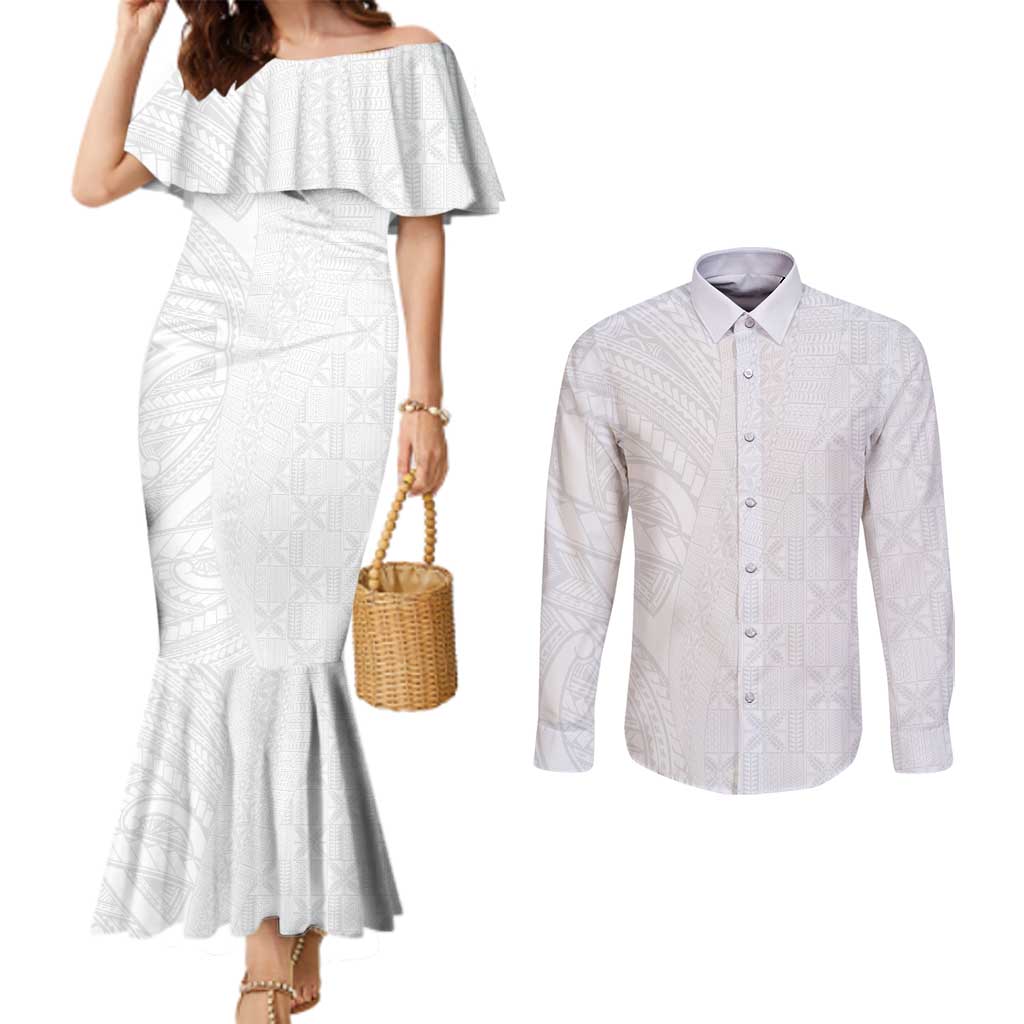 Niue White Sunday Couples Matching Mermaid Dress and Long Sleeve Button Shirt Hiapo Tribal Art Tattoos - Polynesian Pride