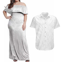 Niue White Sunday Couples Matching Off Shoulder Maxi Dress and Hawaiian Shirt Hiapo Tribal Art Tattoos - Polynesian Pride