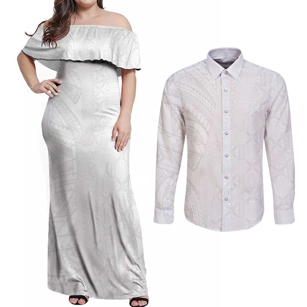 Niue White Sunday Couples Matching Off Shoulder Maxi Dress and Long Sleeve Button Shirt Hiapo Tribal Art Tattoos - Polynesian Pride