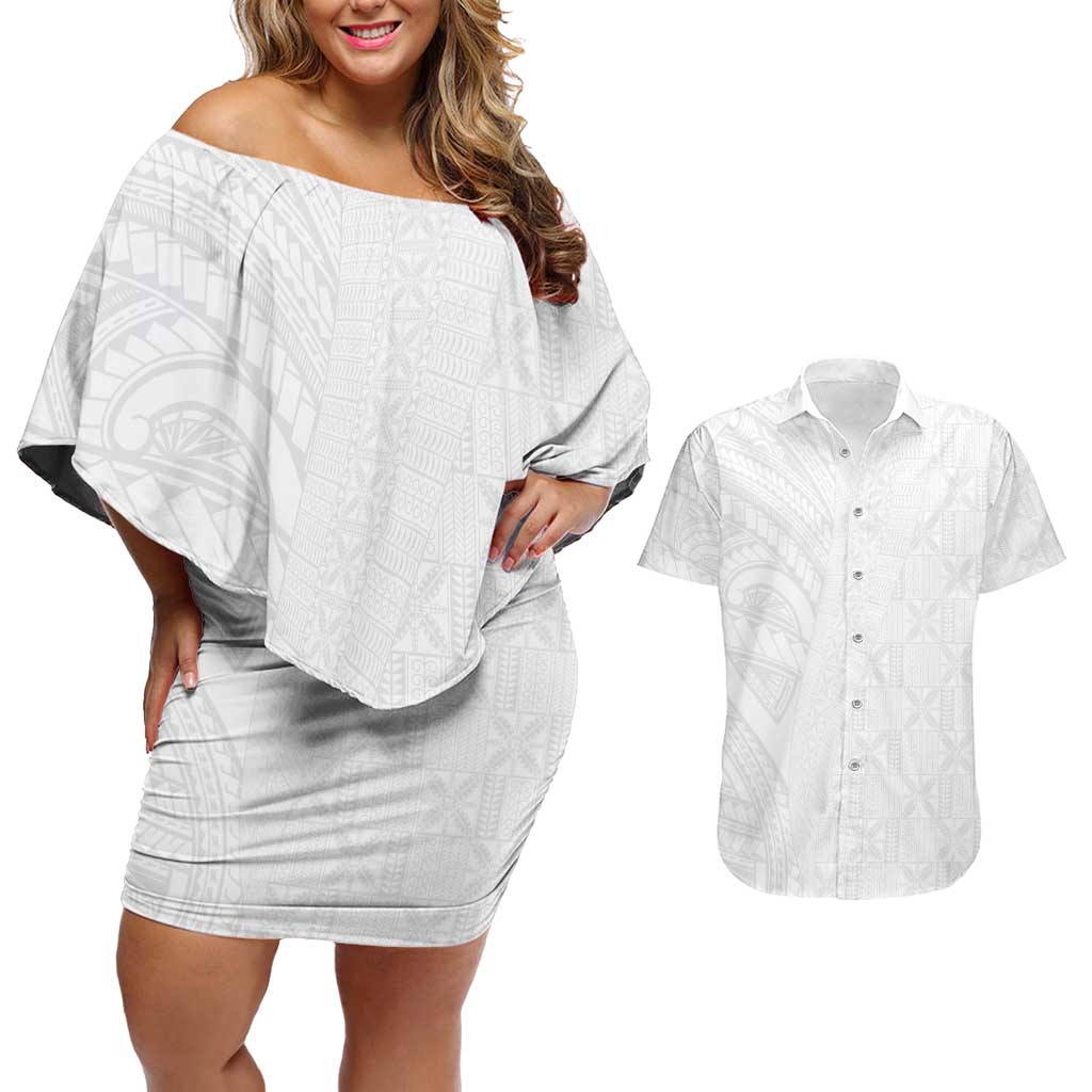 Niue White Sunday Couples Matching Off Shoulder Short Dress and Hawaiian Shirt Hiapo Tribal Art Tattoos - Polynesian Pride