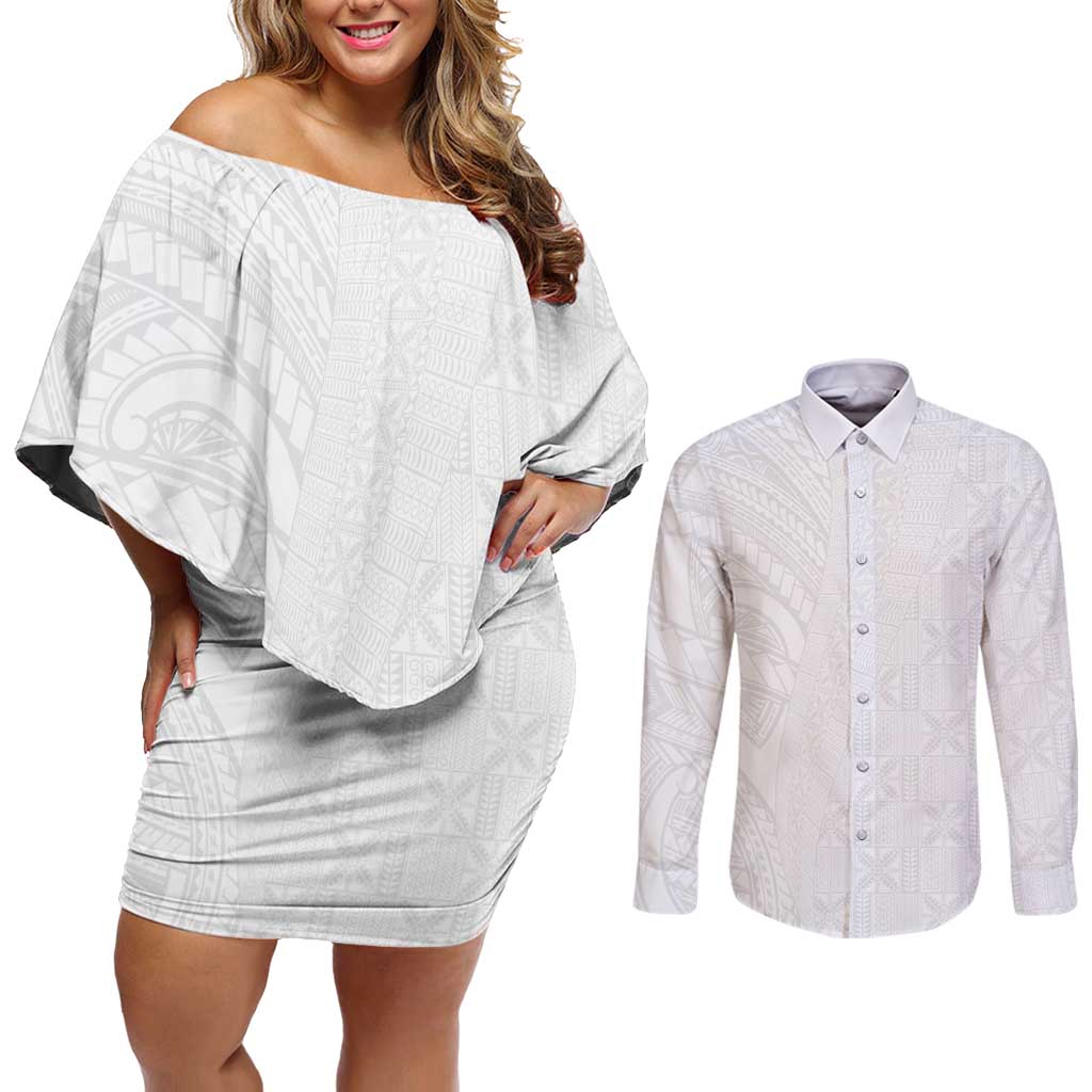 Niue White Sunday Couples Matching Off Shoulder Short Dress and Long Sleeve Button Shirt Hiapo Tribal Art Tattoos - Polynesian Pride