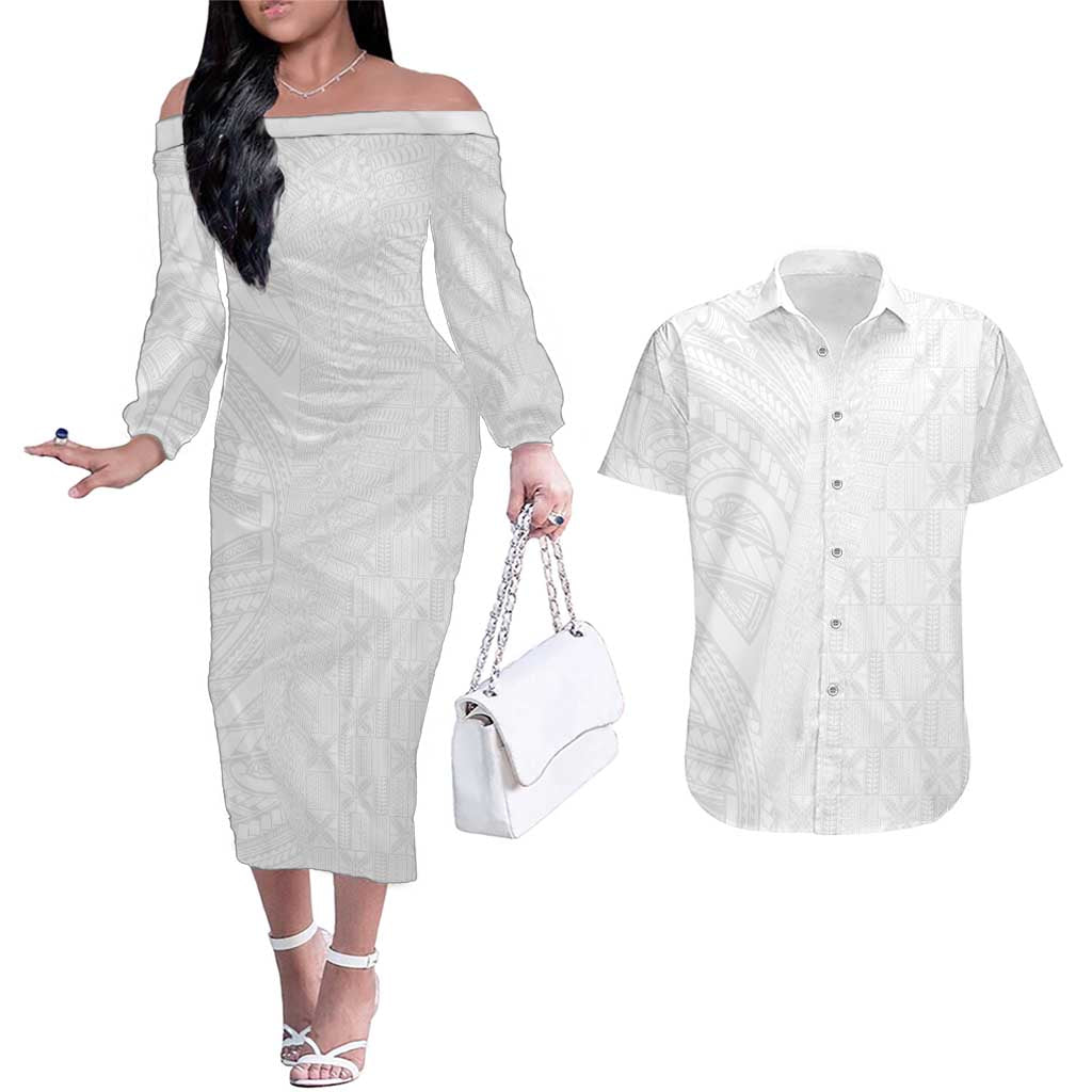 Niue White Sunday Couples Matching Off The Shoulder Long Sleeve Dress and Hawaiian Shirt Hiapo Tribal Art Tattoos - Polynesian Pride
