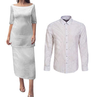 Niue White Sunday Couples Matching Puletasi and Long Sleeve Button Shirt Hiapo Tribal Art Tattoos - Polynesian Pride