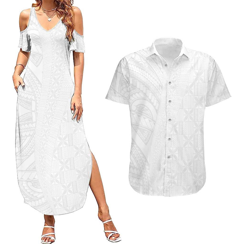 Niue White Sunday Couples Matching Summer Maxi Dress and Hawaiian Shirt Hiapo Tribal Art Tattoos - Polynesian Pride