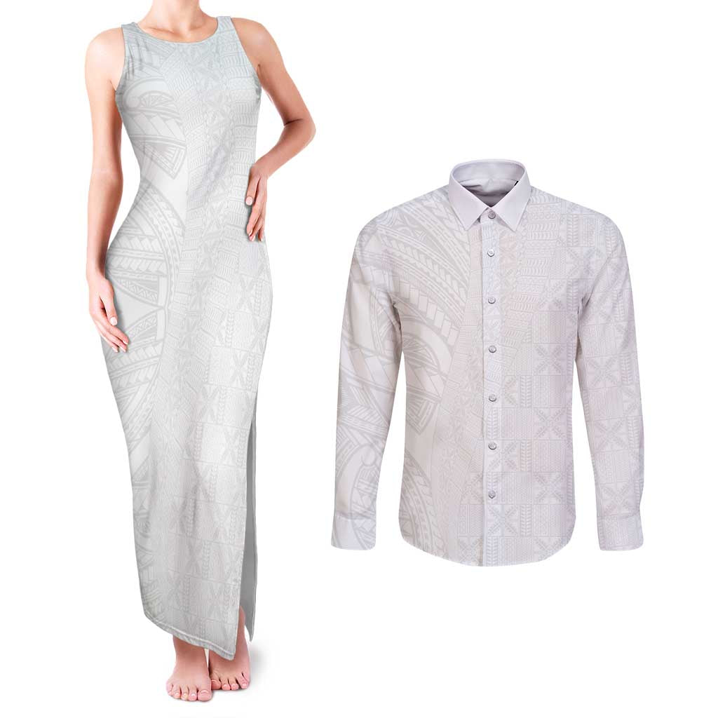 Niue White Sunday Couples Matching Tank Maxi Dress and Long Sleeve Button Shirt Hiapo Tribal Art Tattoos - Polynesian Pride