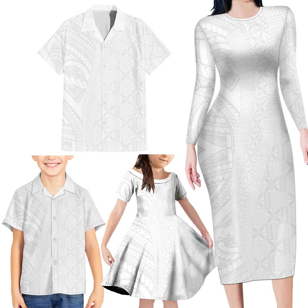 Niue White Sunday Family Matching Long Sleeve Bodycon Dress and Hawaiian Shirt Hiapo Tribal Art Tattoos - Polynesian Pride