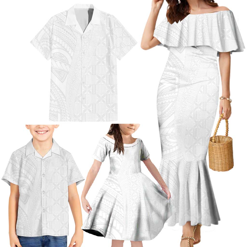 Niue White Sunday Family Matching Mermaid Dress and Hawaiian Shirt Hiapo Tribal Art Tattoos - Polynesian Pride