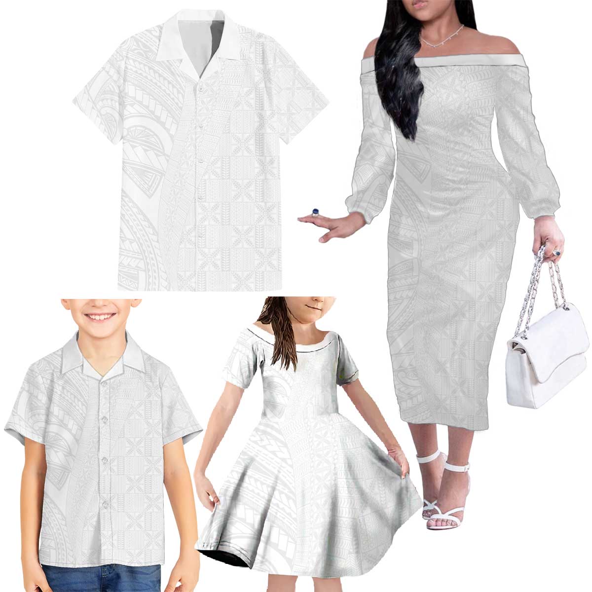 Niue White Sunday Family Matching Off The Shoulder Long Sleeve Dress and Hawaiian Shirt Hiapo Tribal Art Tattoos - Polynesian Pride
