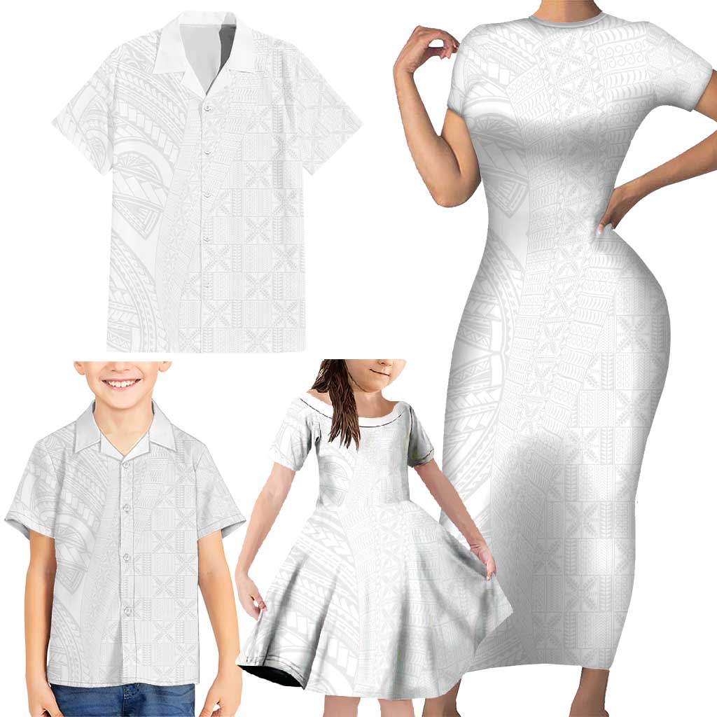 Niue White Sunday Family Matching Short Sleeve Bodycon Dress and Hawaiian Shirt Hiapo Tribal Art Tattoos - Polynesian Pride