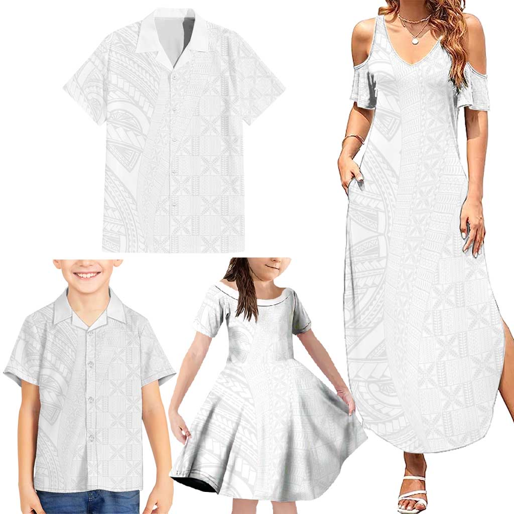 Niue White Sunday Family Matching Summer Maxi Dress and Hawaiian Shirt Hiapo Tribal Art Tattoos - Polynesian Pride