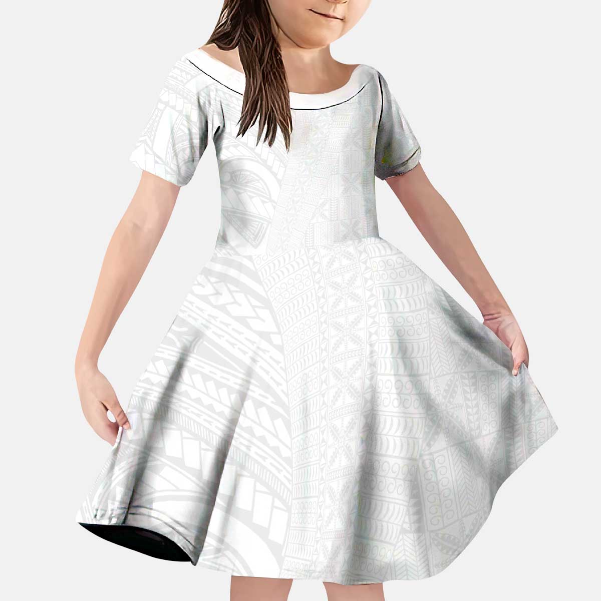 Niue White Sunday Kid Short Sleeve Dress Hiapo Tribal Art Tattoos - Polynesian Pride