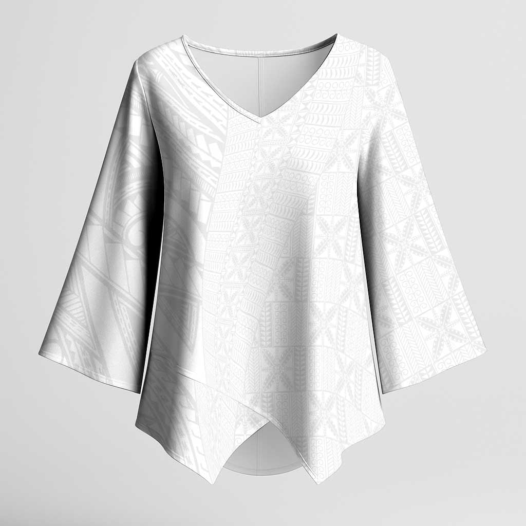 Niue White Sunday Kimono Sleeve Blouse Hiapo Tribal Art Tattoos - Polynesian Pride