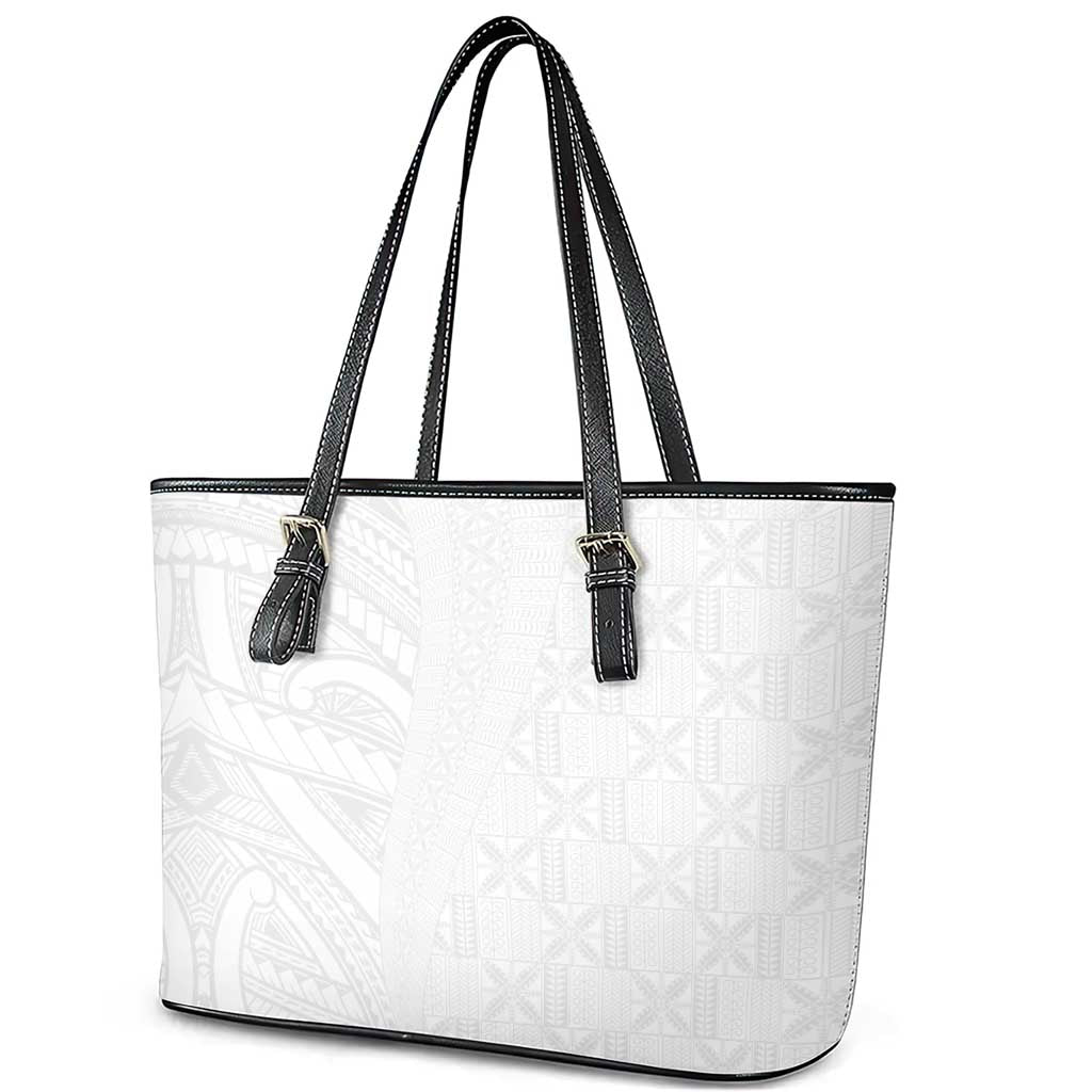 Niue White Sunday Leather Tote Bag Hiapo Tribal Art Tattoos - Polynesian Pride
