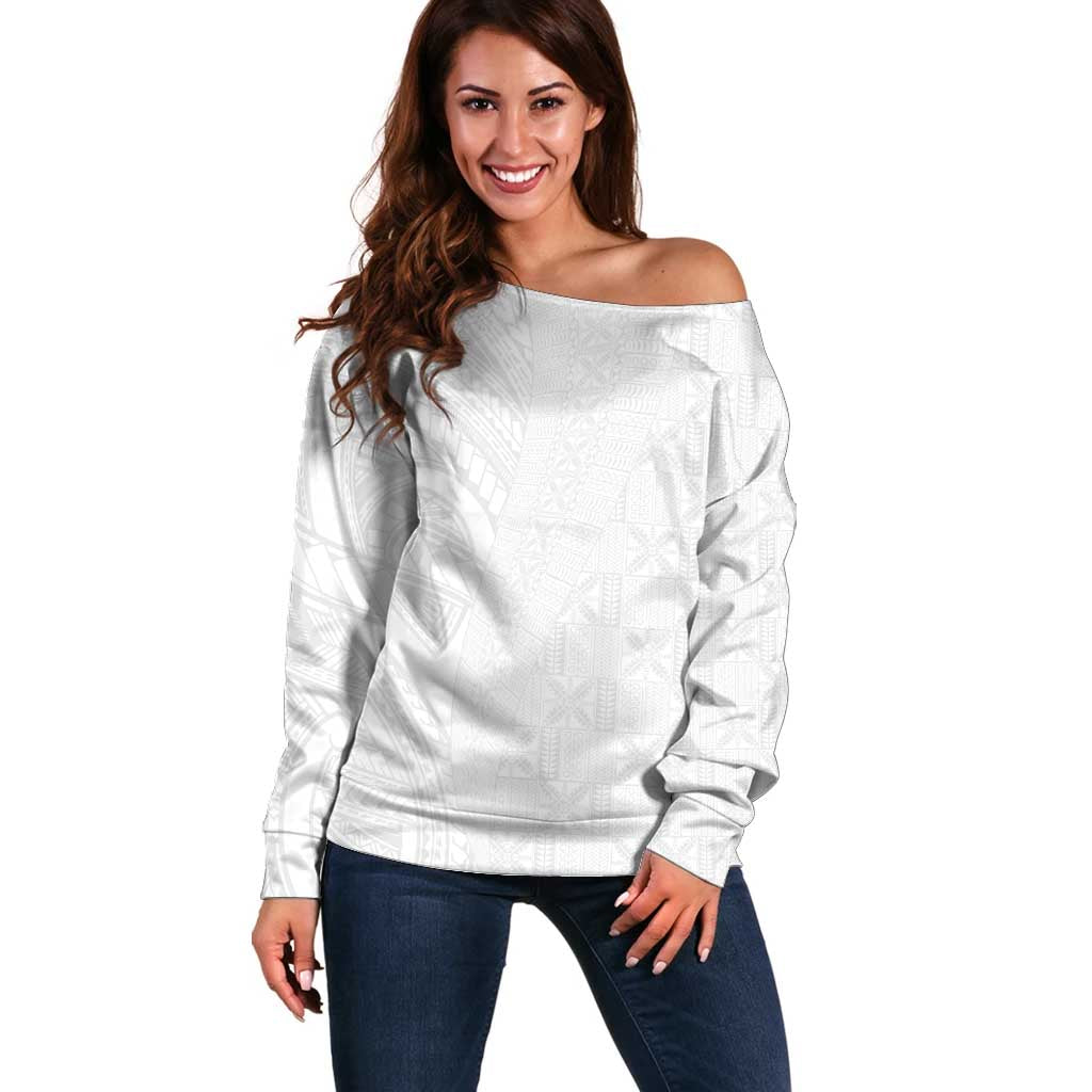Niue White Sunday Off Shoulder Sweater Hiapo Tribal Art Tattoos - Polynesian Pride
