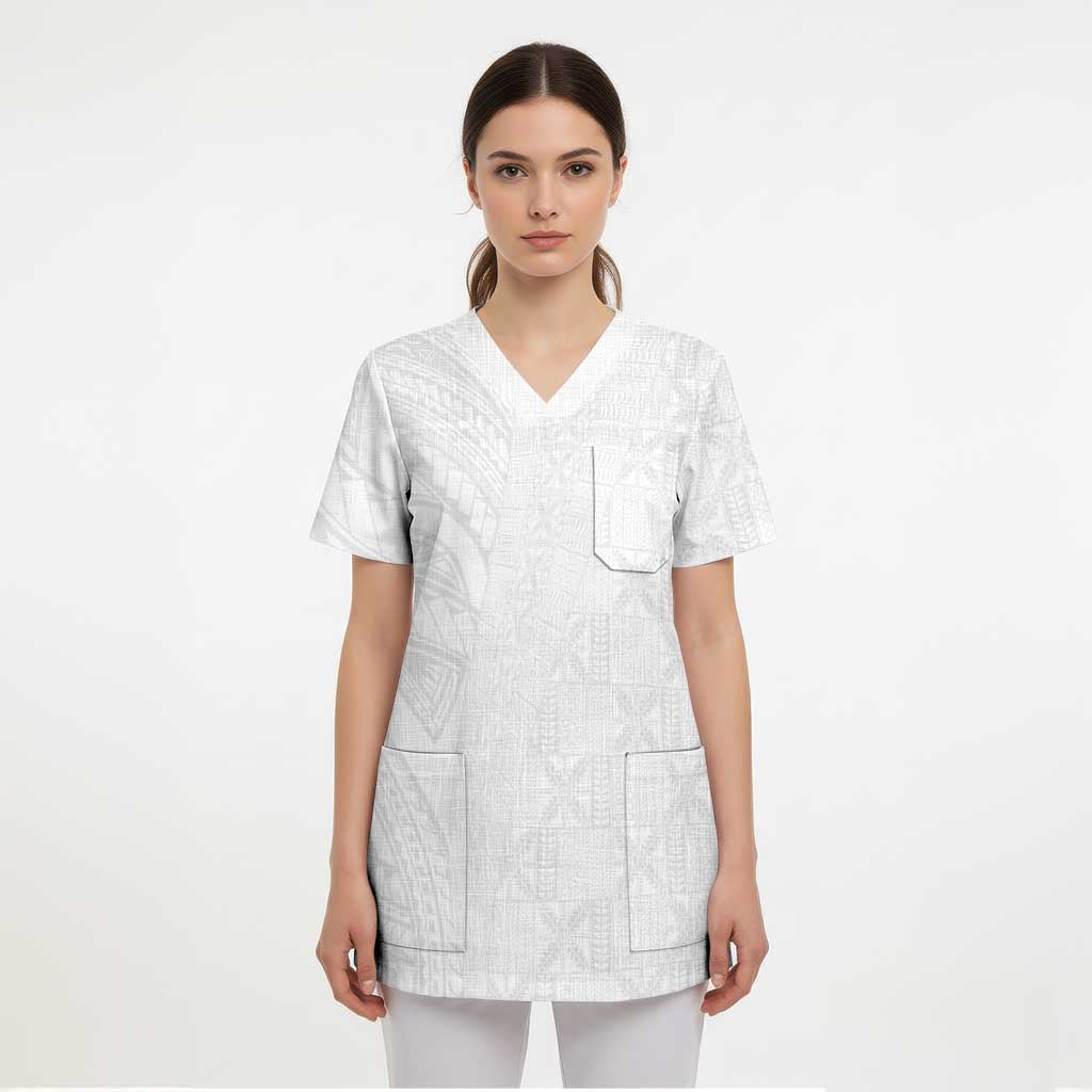 Niue White Sunday Scrub Top Hiapo Tribal Art Tattoos - Polynesian Pride