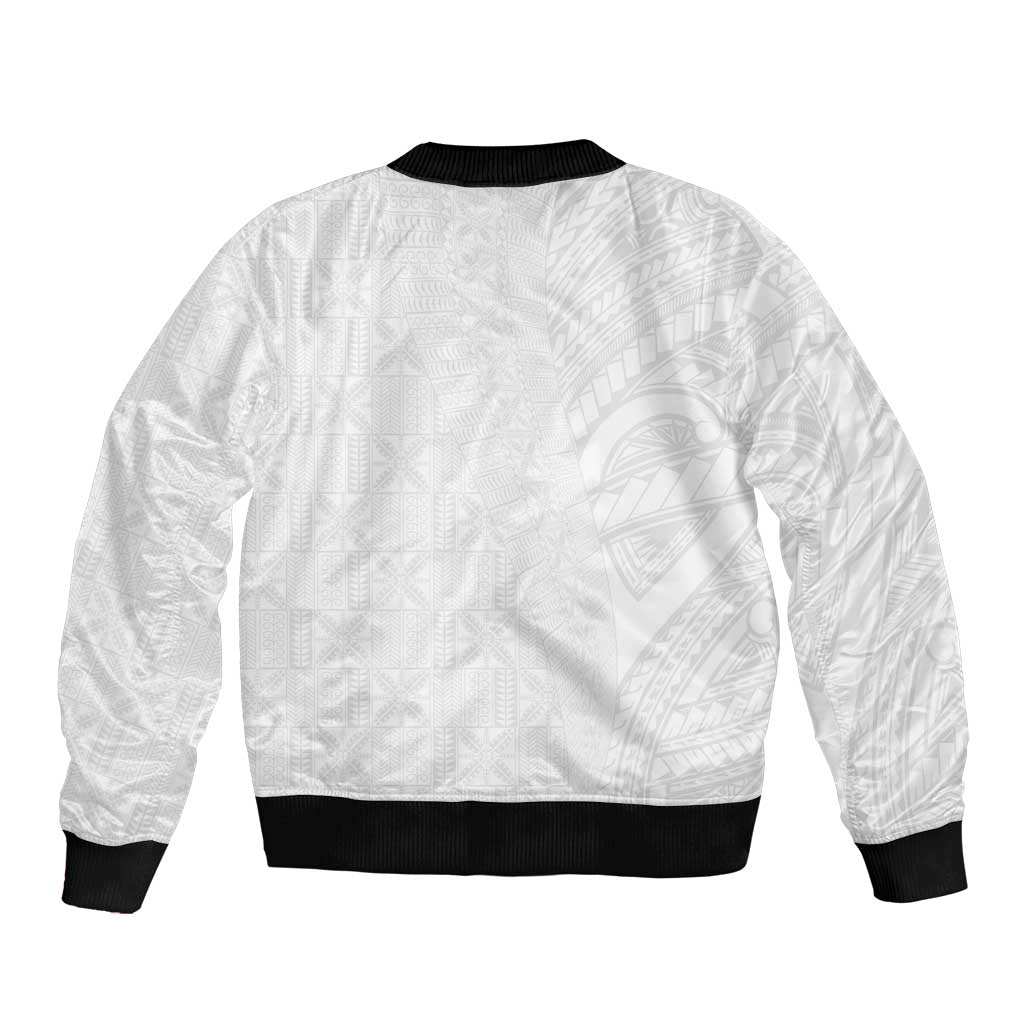Niue White Sunday Sleeve Zip Bomber Jacket Hiapo Tribal Art Tattoos - Polynesian Pride