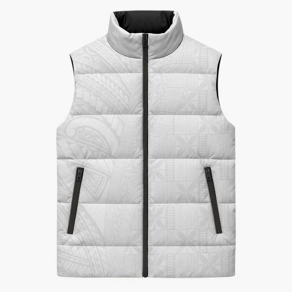 Niue White Sunday Sleeveless Puffer Jacket Hiapo Tribal Art Tattoos - Polynesian Pride