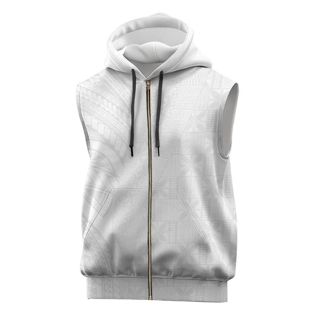Niue White Sunday Sleeveless Zip Hoodie Hiapo Tribal Art Tattoos - Polynesian Pride
