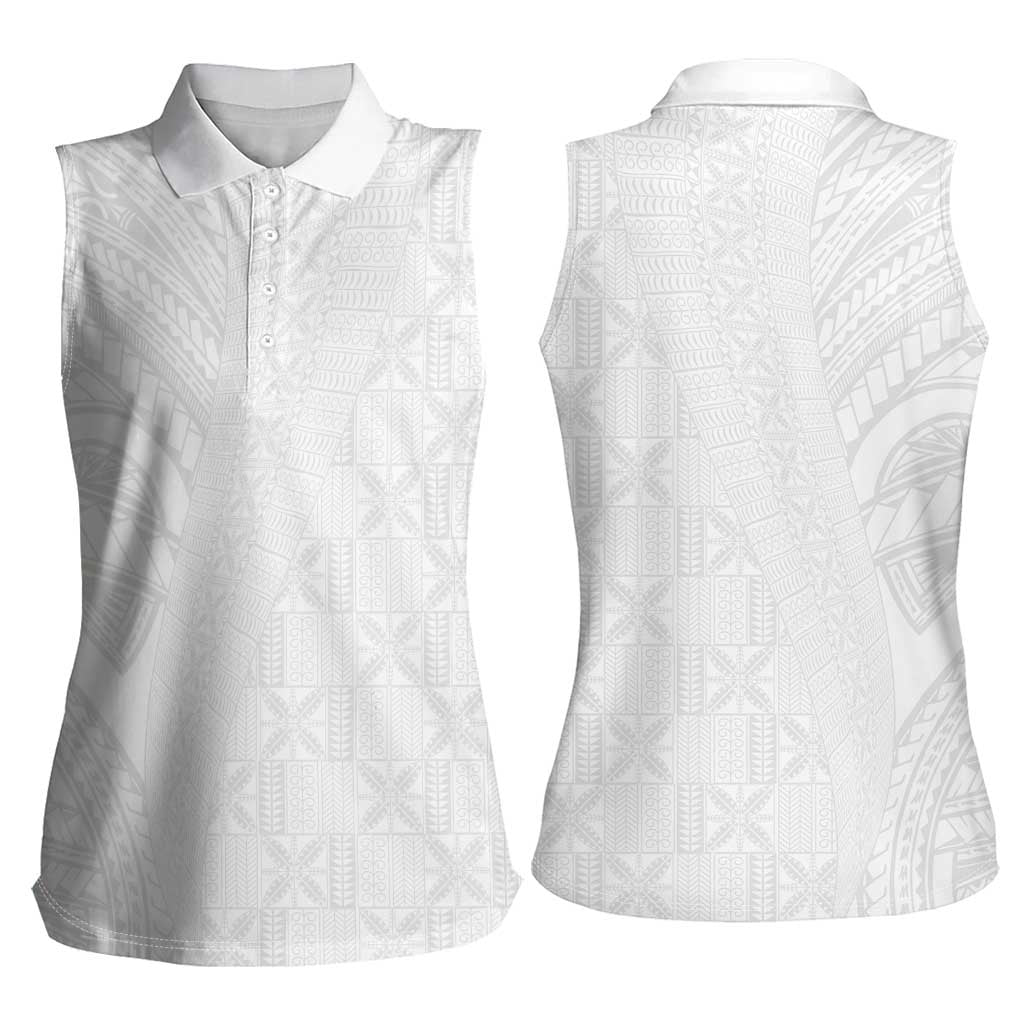 Niue White Sunday Women Sleeveless Polo Shirt Hiapo Tribal Art Tattoos - Polynesian Pride