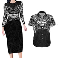 Super Samoan Traditional Tribal Art Tattoos Couples Matching Long Sleeve Bodycon Dress and Hawaiian Shirt Black Color - Polynesian Pride