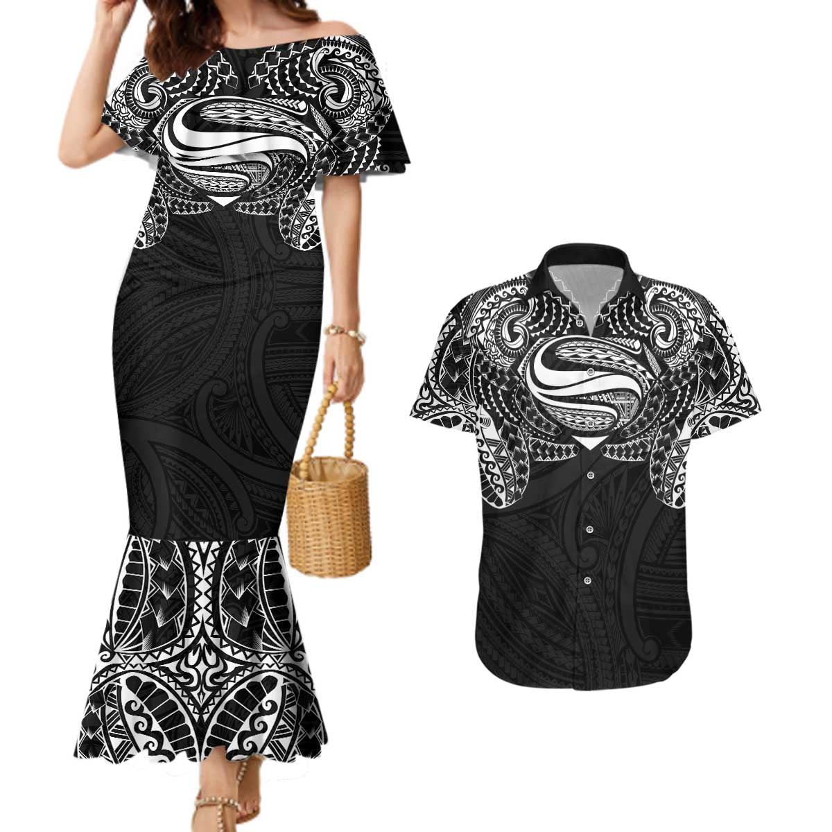Super Samoan Traditional Tribal Art Tattoos Couples Matching Mermaid Dress and Hawaiian Shirt Black Color LT03 Black - Polynesian Pride