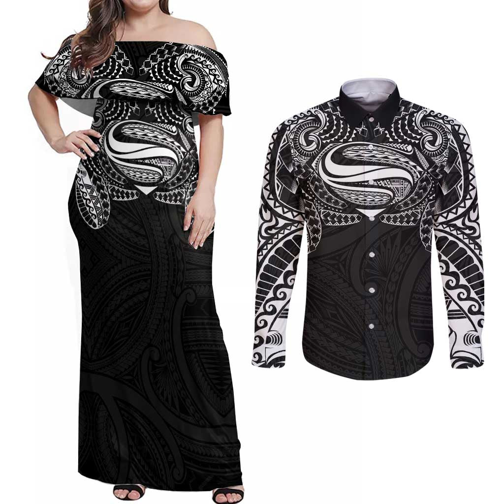 Super Samoan Traditional Tribal Art Tattoos Couples Matching Off Shoulder Maxi Dress and Long Sleeve Button Shirt Black Color LT03 Black - Polynesian Pride