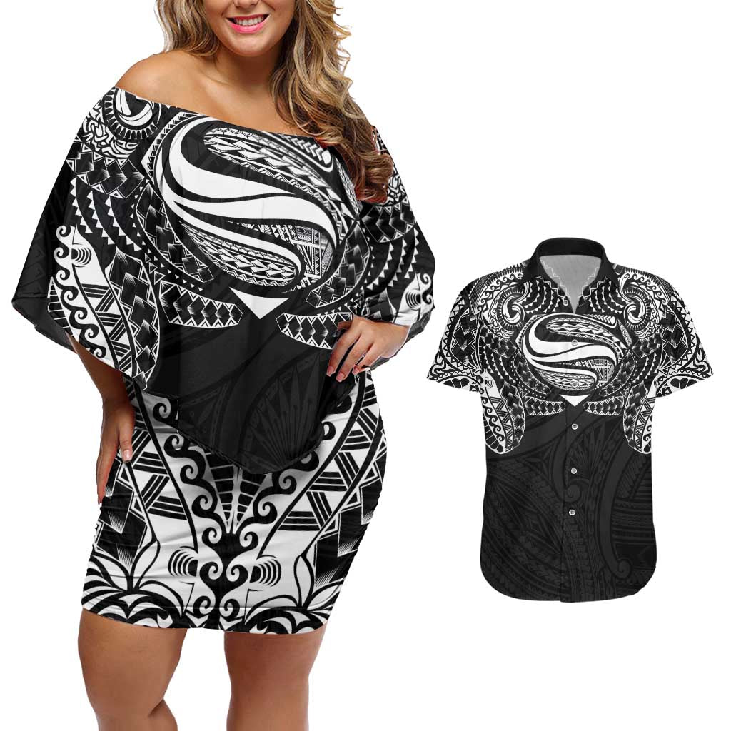 Super Samoan Traditional Tribal Art Tattoos Couples Matching Off Shoulder Short Dress and Hawaiian Shirt Black Color LT03 Black - Polynesian Pride