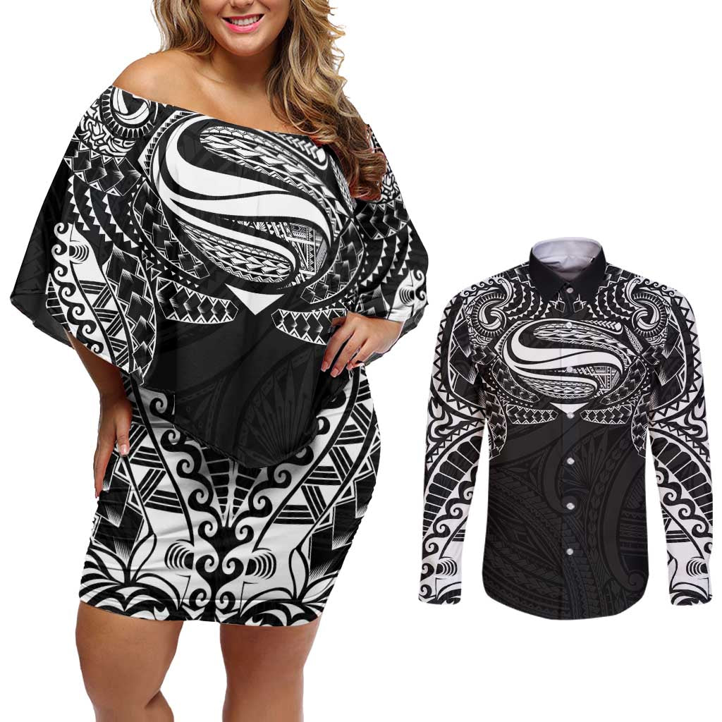 Super Samoan Traditional Tribal Art Tattoos Couples Matching Off Shoulder Short Dress and Long Sleeve Button Shirt Black Color LT03 Black - Polynesian Pride