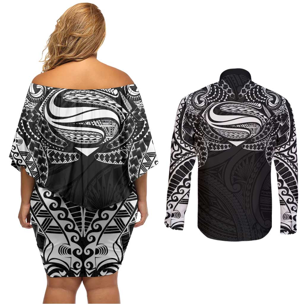 Super Samoan Traditional Tribal Art Tattoos Couples Matching Off Shoulder Short Dress and Long Sleeve Button Shirt Black Color - Polynesian Pride