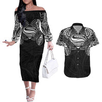 Super Samoan Traditional Tribal Art Tattoos Couples Matching Off The Shoulder Long Sleeve Dress and Hawaiian Shirt Black Color - Polynesian Pride