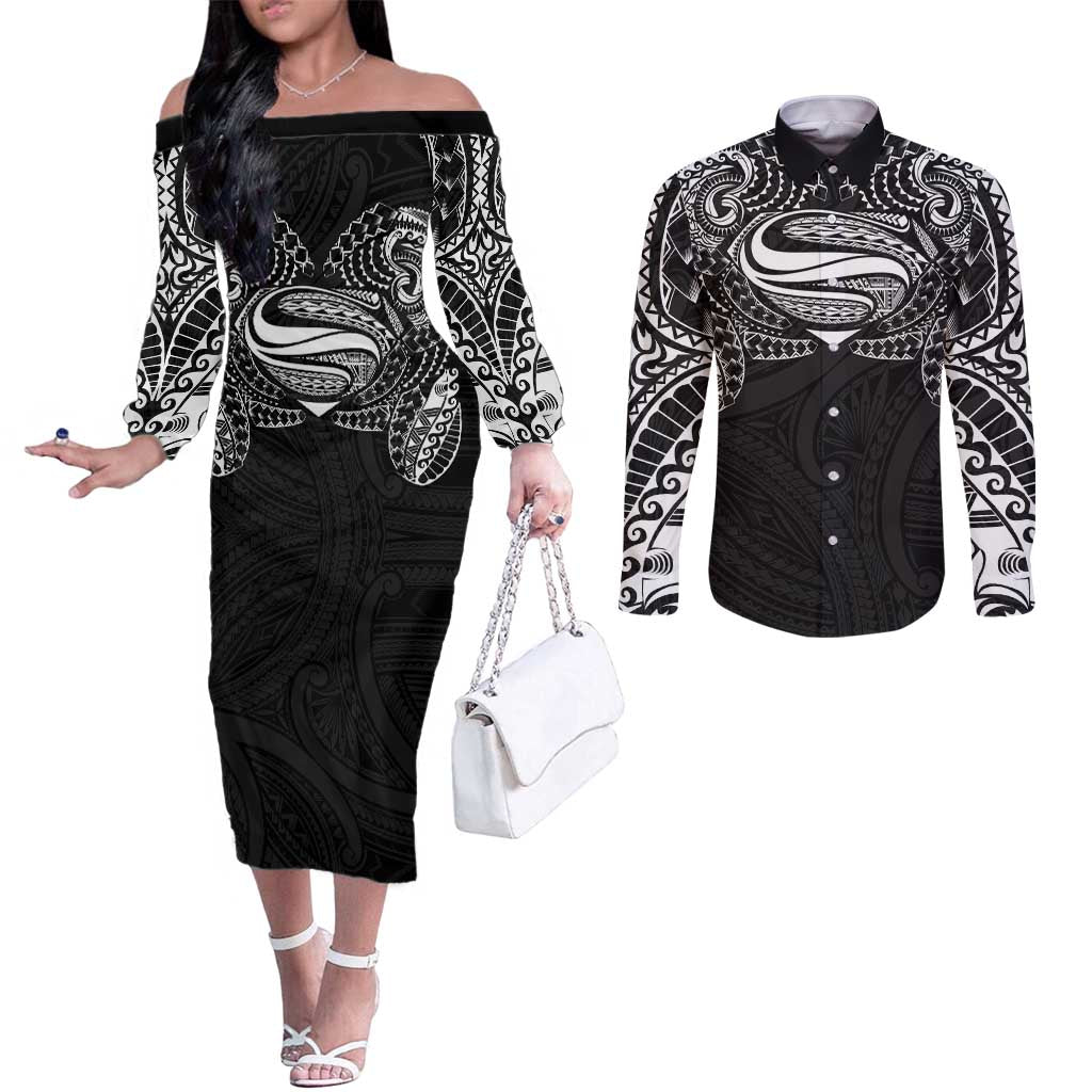 Super Samoan Traditional Tribal Art Tattoos Couples Matching Off The Shoulder Long Sleeve Dress and Long Sleeve Button Shirt Black Color LT03 Black - Polynesian Pride