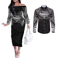 Super Samoan Traditional Tribal Art Tattoos Couples Matching Off The Shoulder Long Sleeve Dress and Long Sleeve Button Shirt Black Color - Polynesian Pride