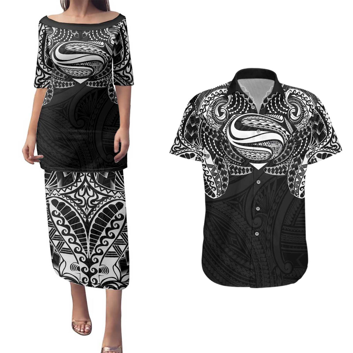 Super Samoan Traditional Tribal Art Tattoos Couples Matching Puletasi and Hawaiian Shirt Black Color - Polynesian Pride