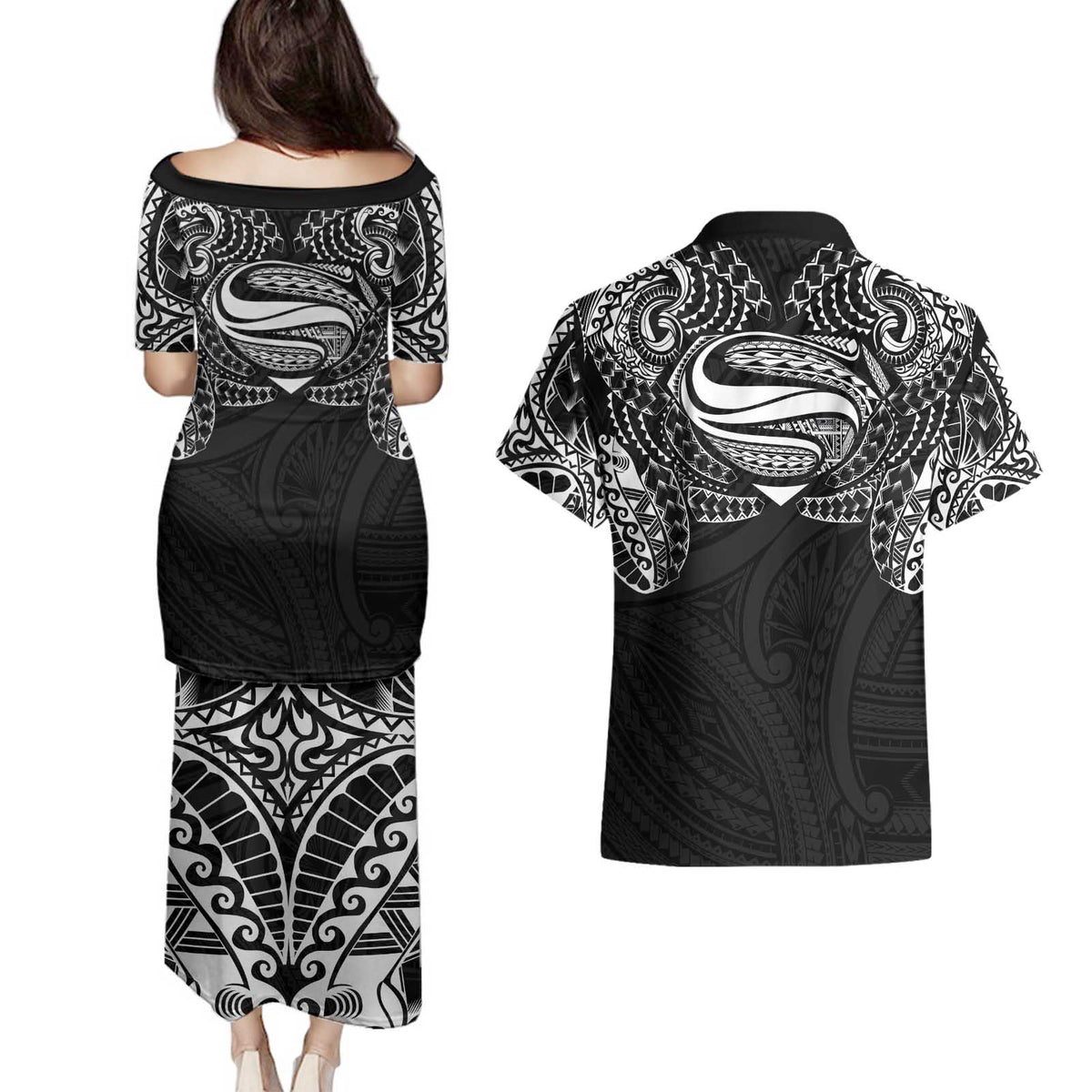 Super Samoan Traditional Tribal Art Tattoos Couples Matching Puletasi and Hawaiian Shirt Black Color - Polynesian Pride