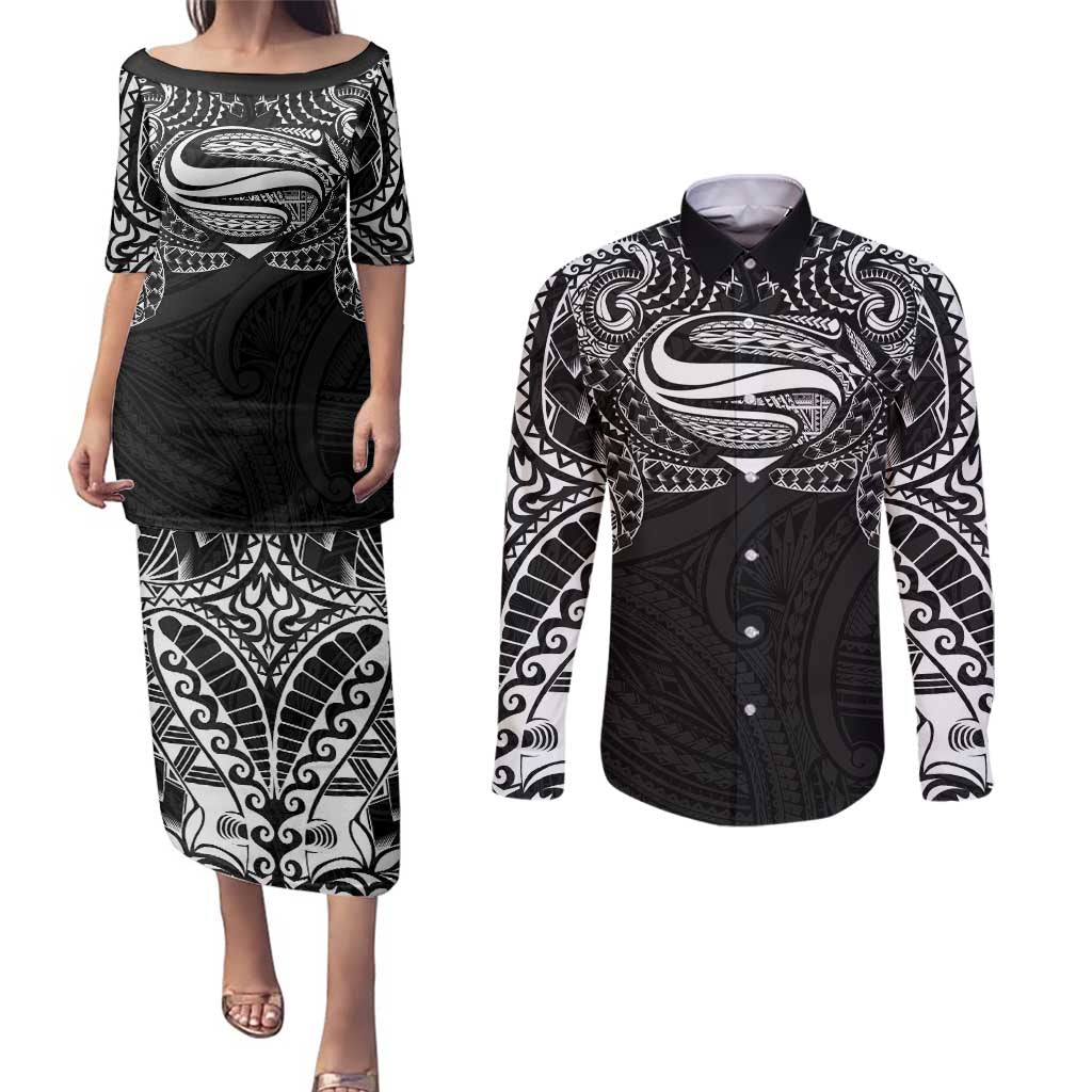 Super Samoan Traditional Tribal Art Tattoos Couples Matching Puletasi and Long Sleeve Button Shirt Black Color - Polynesian Pride
