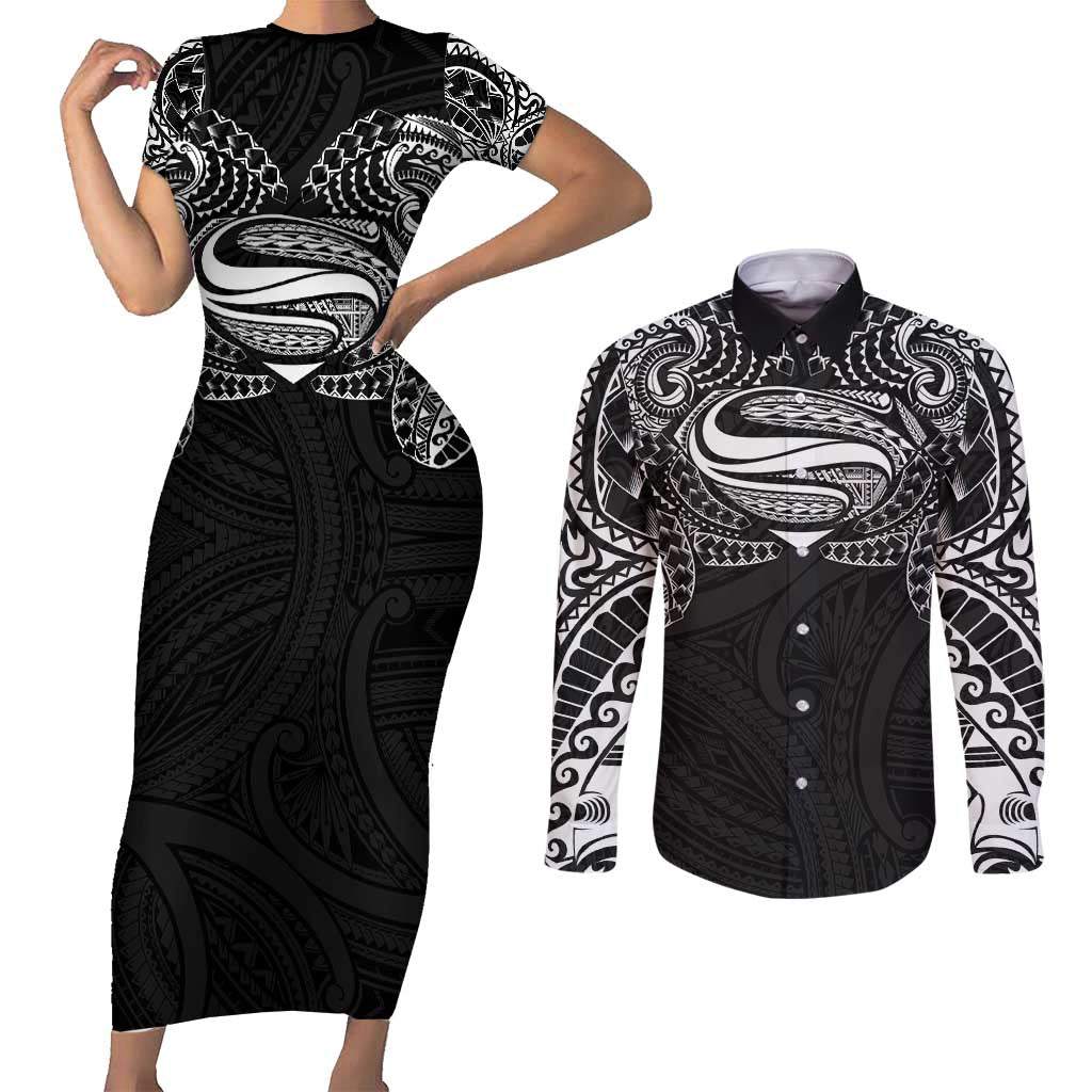 Super Samoan Traditional Tribal Art Tattoos Couples Matching Short Sleeve Bodycon Dress and Long Sleeve Button Shirt Black Color - Polynesian Pride