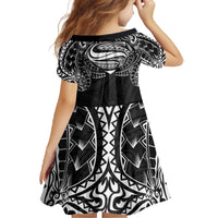 Super Samoan Traditional Tribal Art Tattoos Family Matching Off The Shoulder Long Sleeve Dress and Hawaiian Shirt Black Color - Polynesian Pride