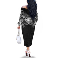 Super Samoan Traditional Tribal Art Tattoos Family Matching Off The Shoulder Long Sleeve Dress and Hawaiian Shirt Black Color - Polynesian Pride